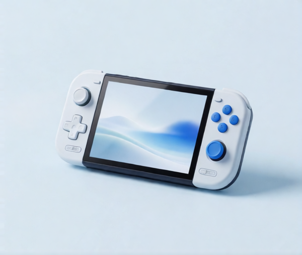 Портативная игровая консоль на светло-голубом студийном фоне