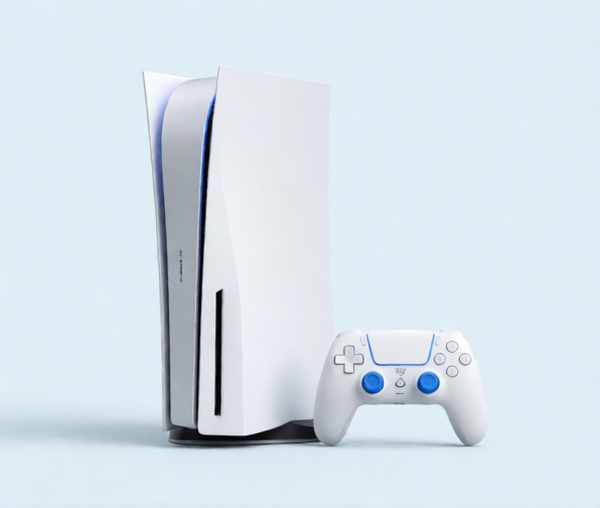 Белая игровая консоль и контроллер на светло-голубом студийном фоне