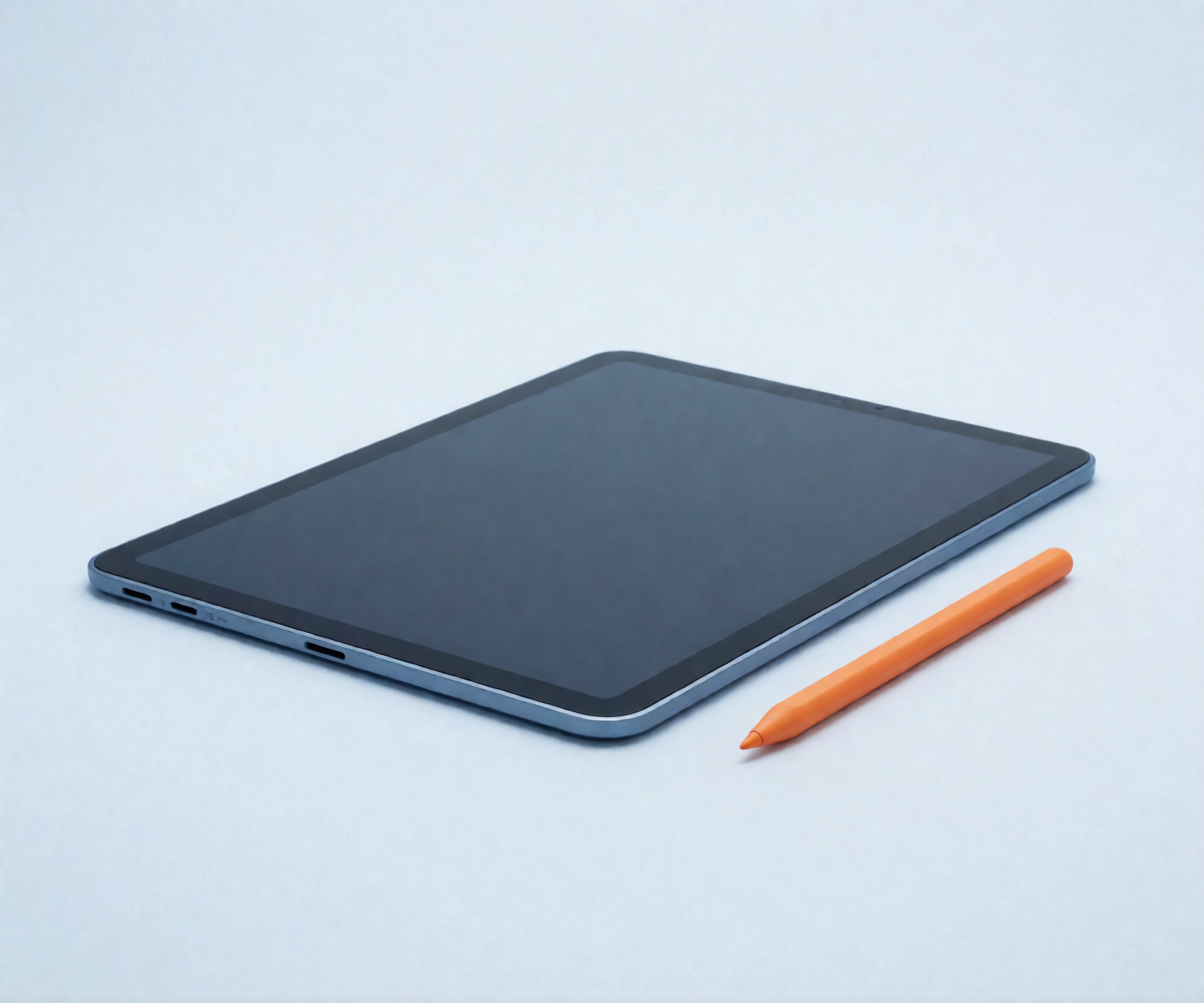 Тёмный планшет Samsung Galaxy Tab на светло-голубом студийном фоне