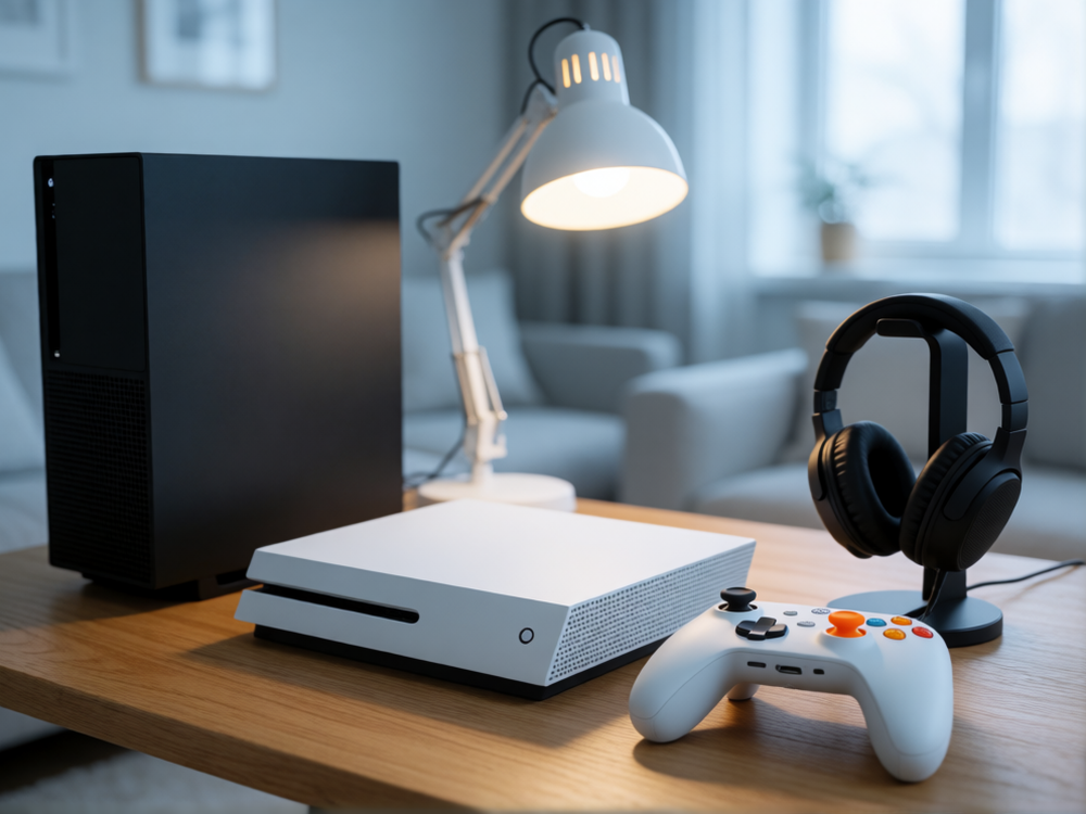 Домашняя игровая зона: системный блок, консоль, контроллер и наушники на рабочем столе