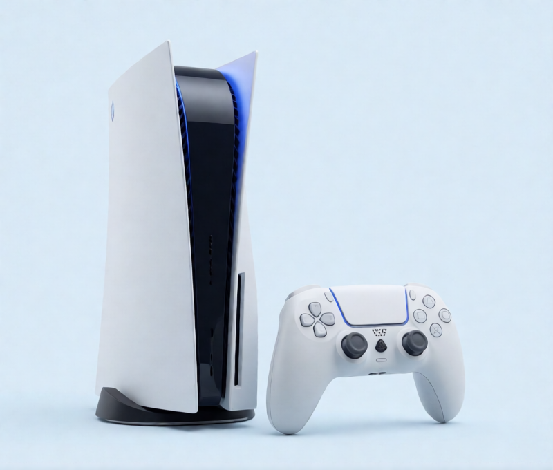 Белая игровая консоль PlayStation и контроллер на светло-голубом студийном фоне
