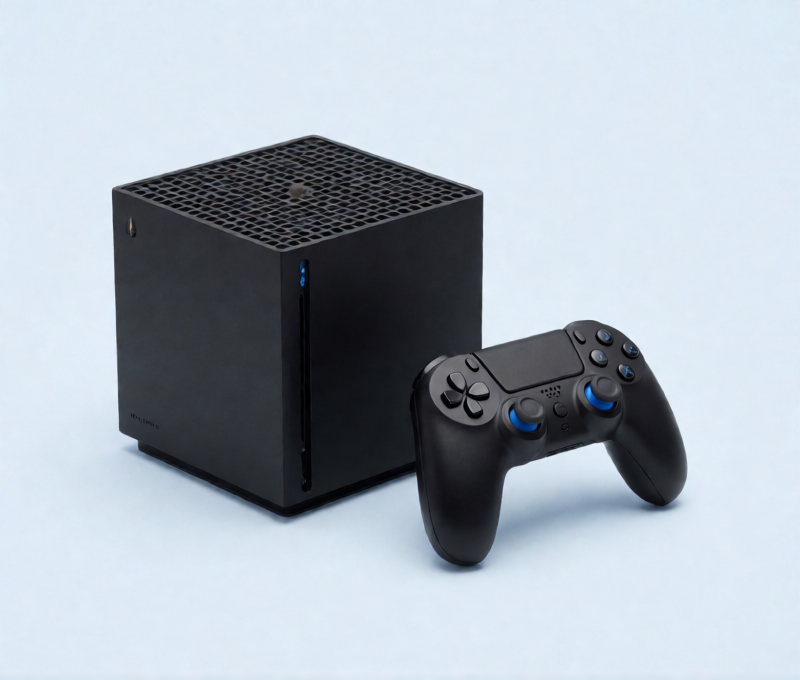 Чёрная игровая консоль Xbox и геймпад на светло-голубом студийном фоне