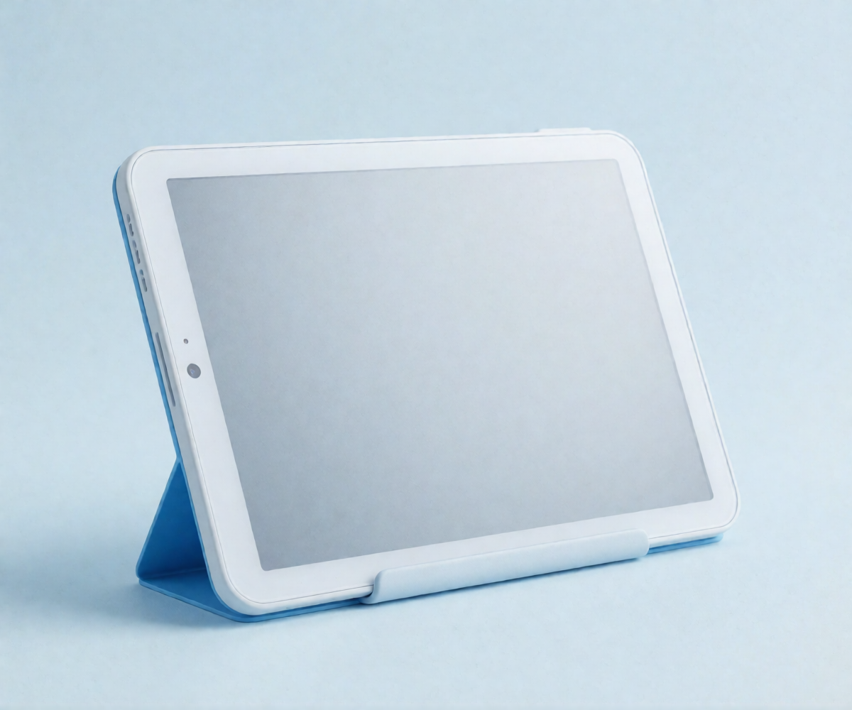 Компактный планшет iPad на светло-голубом студийном фоне