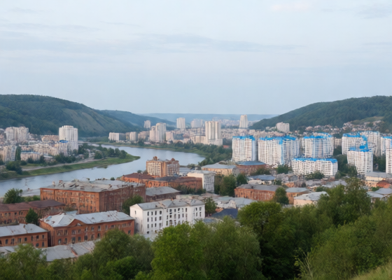 Городской пейзаж Нижнего Тагила: промышленные здания и холмы
